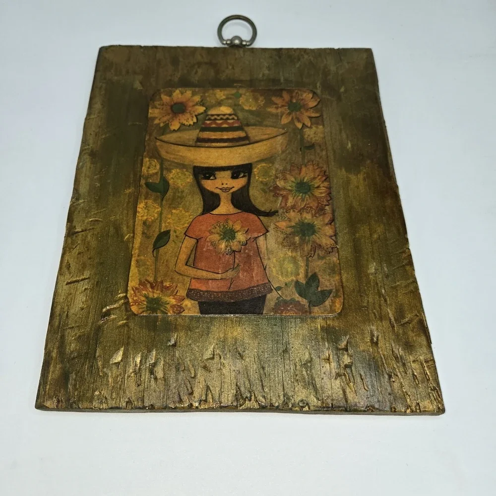 Vintage Big Eye Girl Wood Plaque‎ 1970s MCM Wall Art Sunflower Sombrero Kitsch